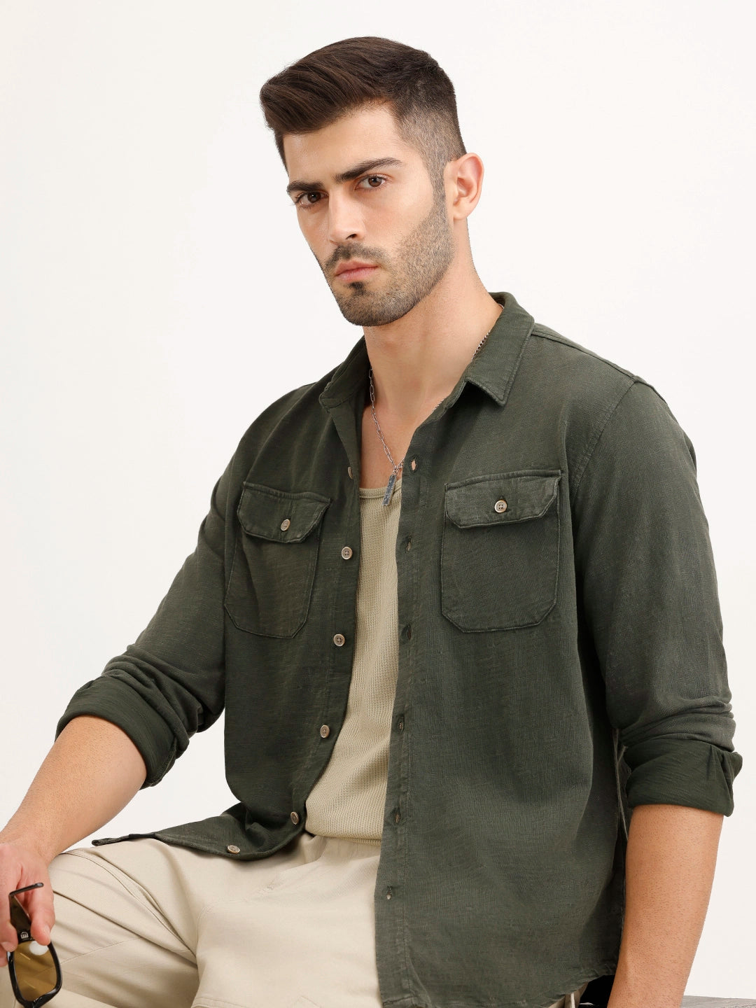 Washed Slim Fit Double Pocket Shirt | Olive