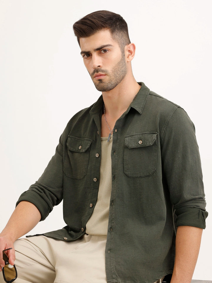 Washed Slim Fit Double Pocket Shirt | Olive