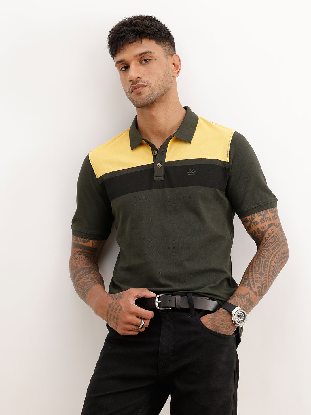 Regular Fit Cut & Sew Polo T-Shirt | Olive