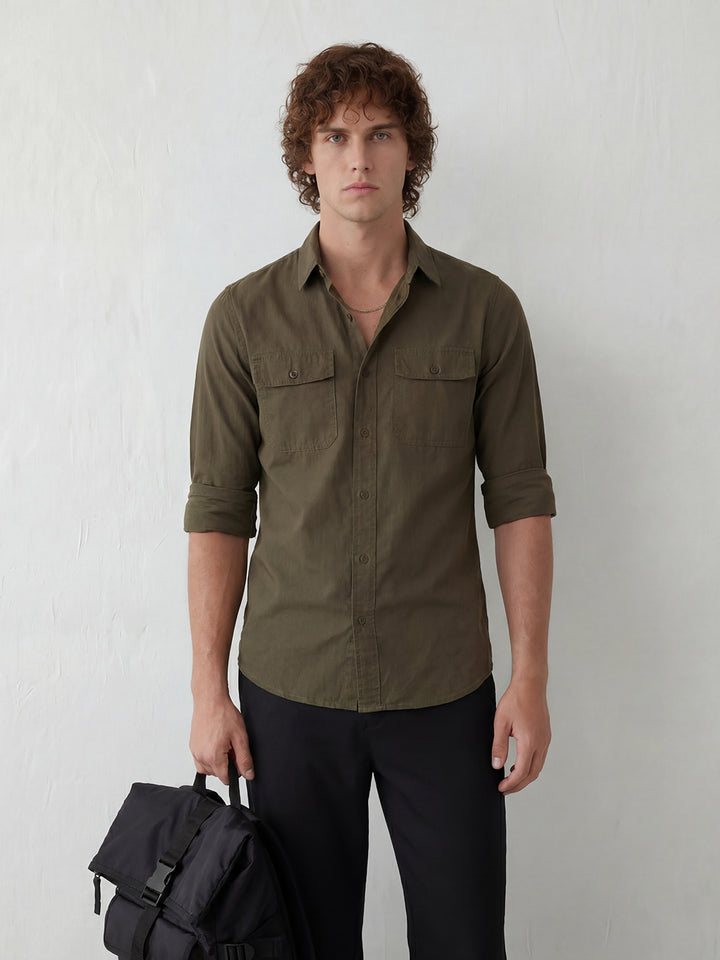 Slim Fit Double Pocket Shirt | Olive