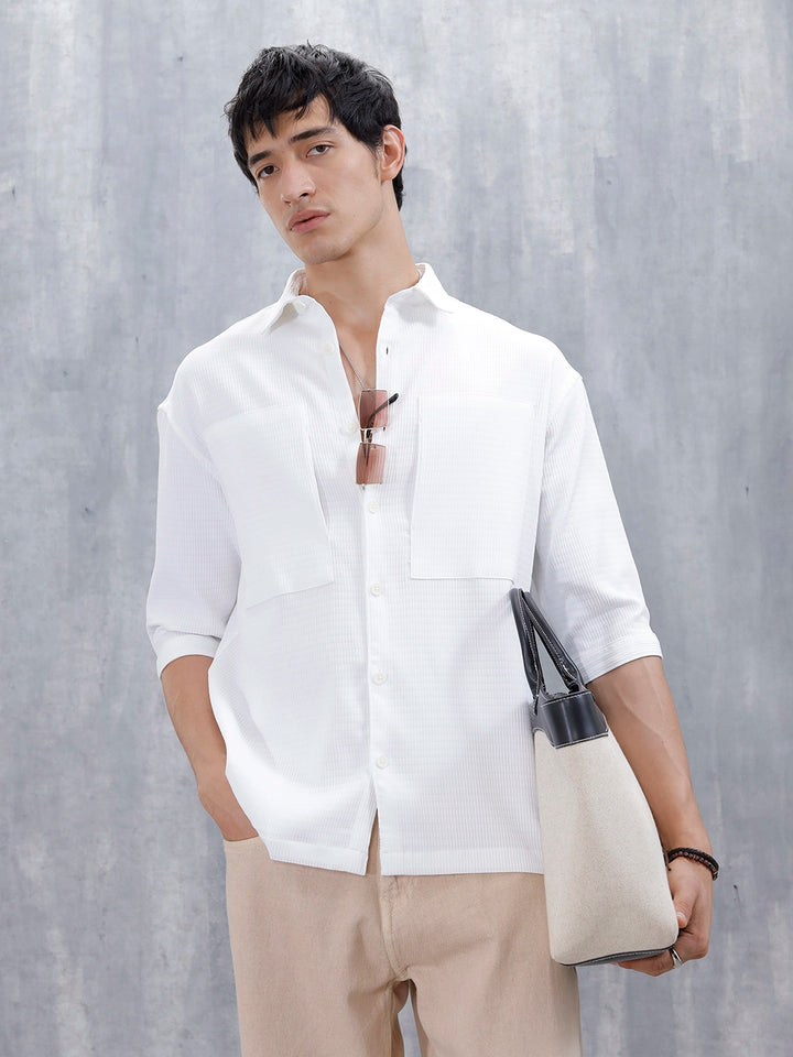Wrogn Comfort Fit Self Textured Shirt | White