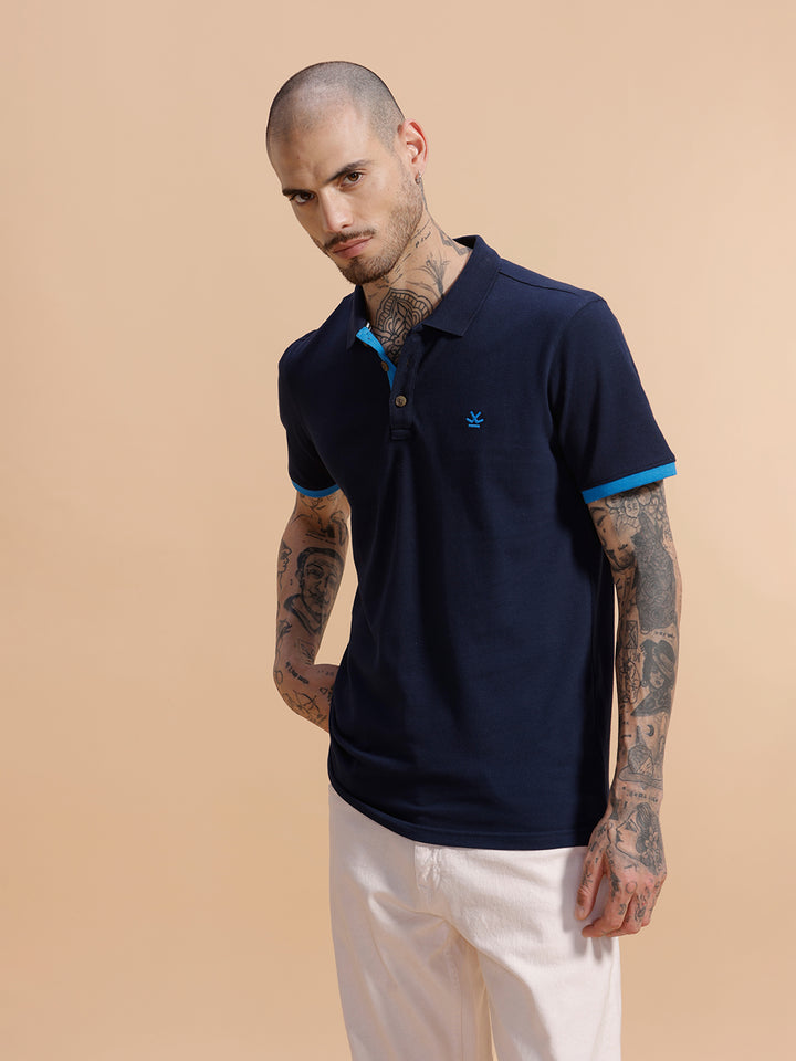 Contrast Rib Pique Polo T-Shirt  | Navy Blue