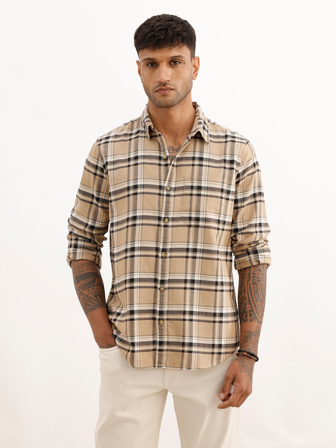 Regular Fit Full Sleeve Checkered Shirt | Beige
