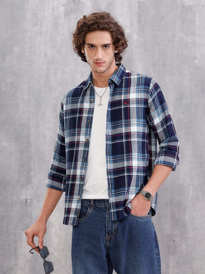 100 %Cotton Check Pattern Regular Fit Shirt | Navy Blue