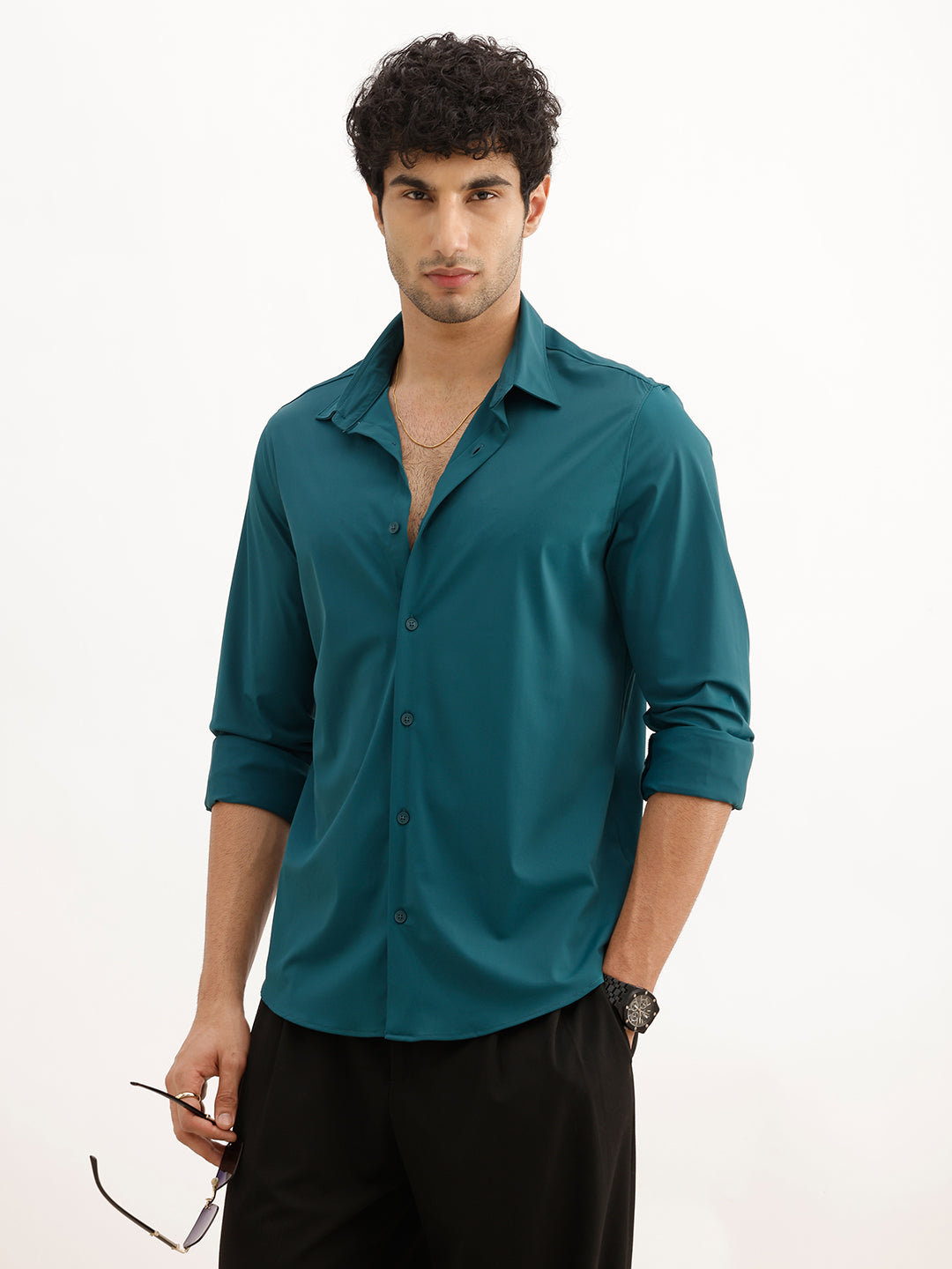Solid Slim Fit Performance Stretch Shirt | Teal