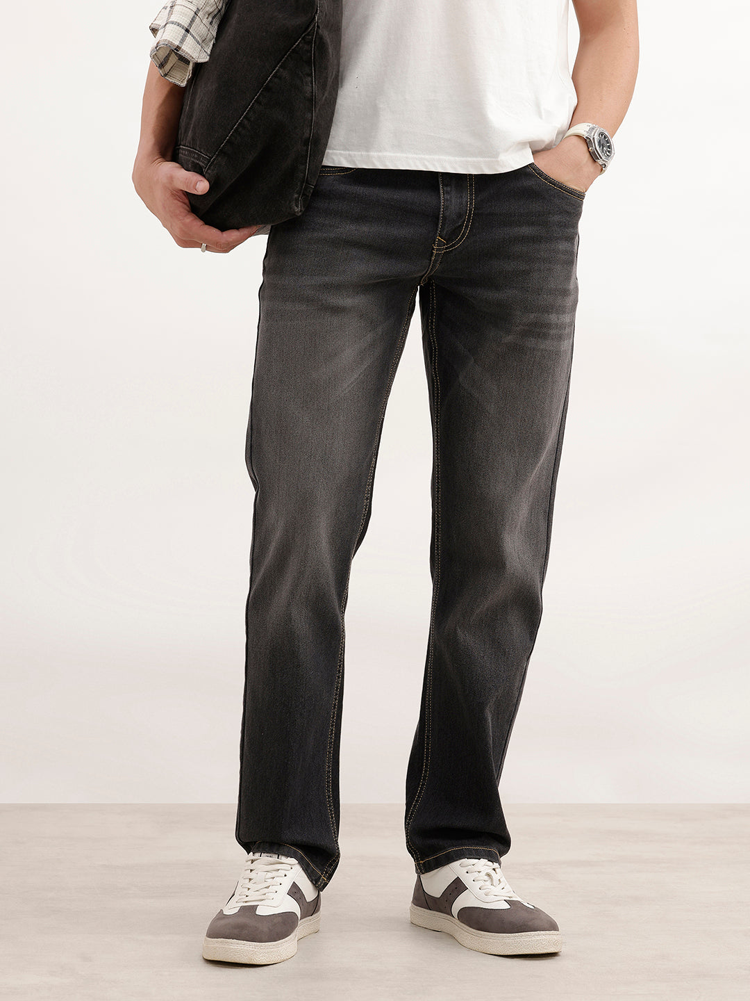 Straight Fit Faded Denim Jeans | Dark Grey