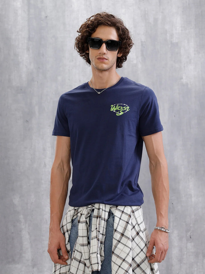 Placement Printed Slim Fit T-Shirt  | Navy Blue