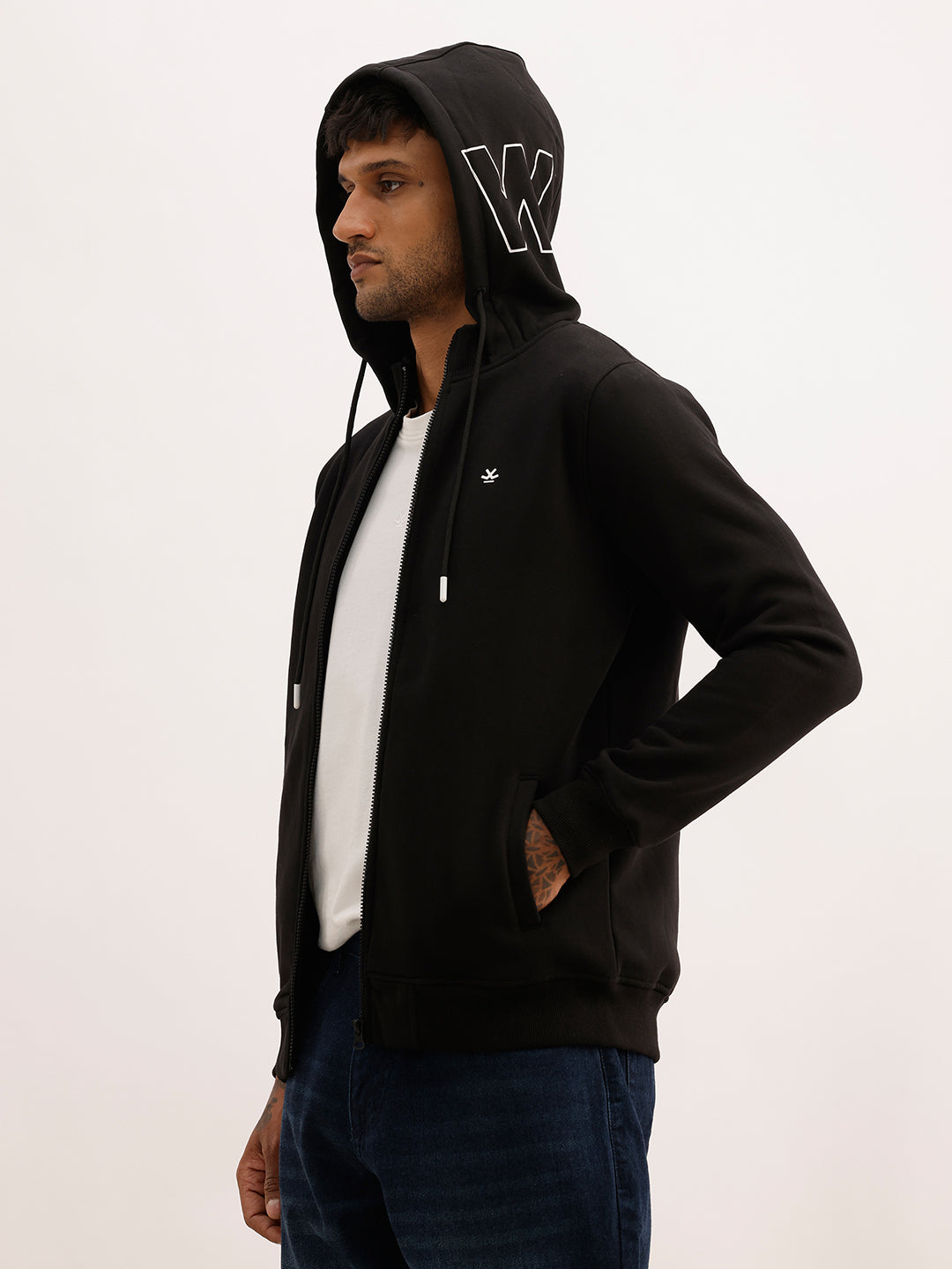 Solid Placement Printed Hooded Sweatshirt | Black | WLSS1400
