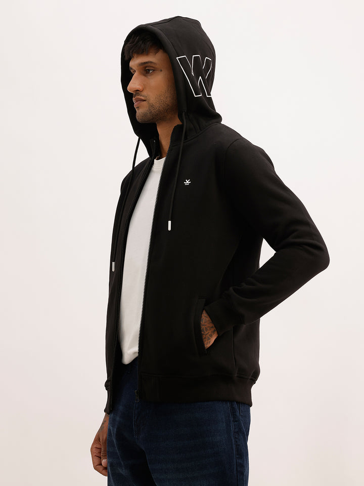 Solid Placement Printed Hooded Sweatshirt | Black