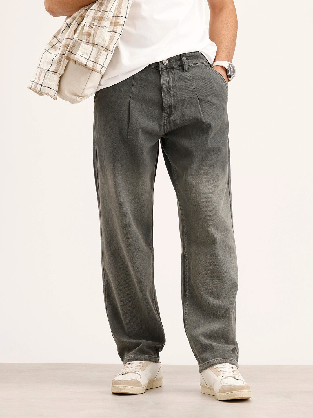Loose Fit Pleated Denim Jeans | Grey