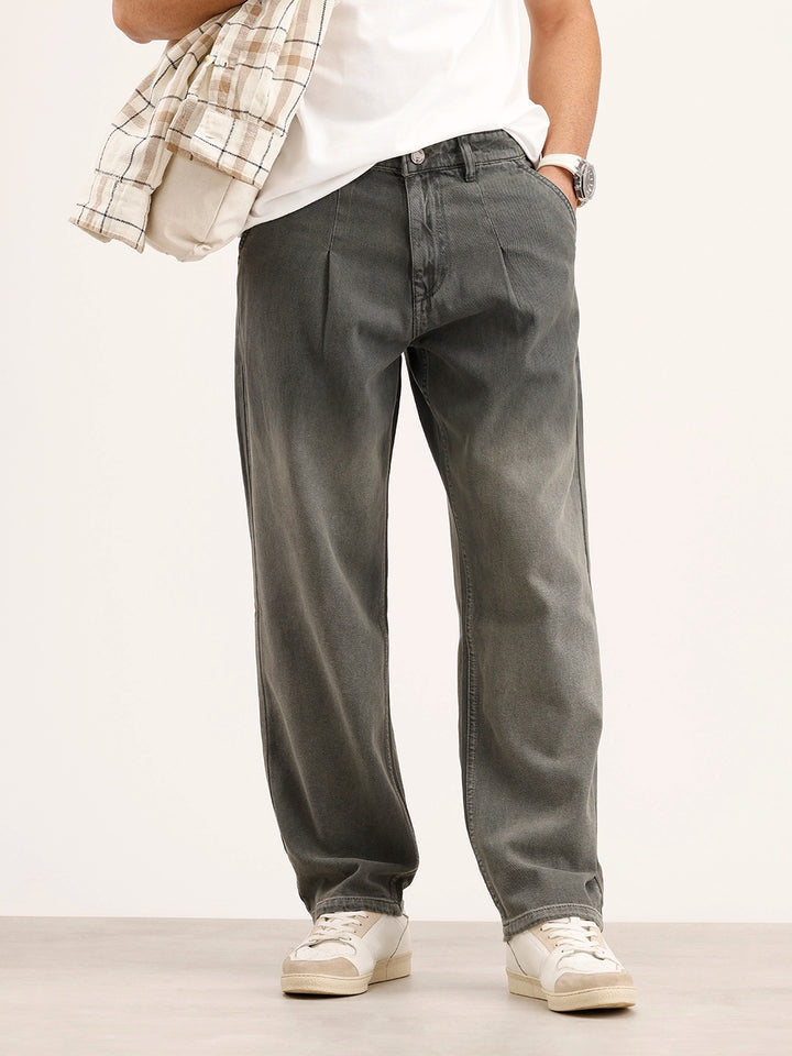 Loose Fit Pleated Denim Jeans | Grey
