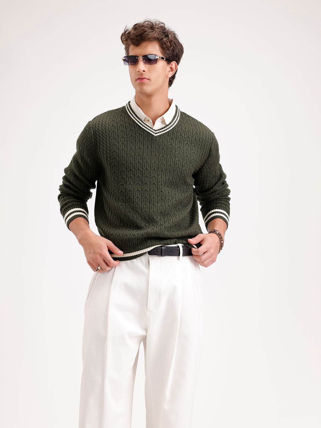 Classic Regular Fit Cable Knit Sweater | Olive