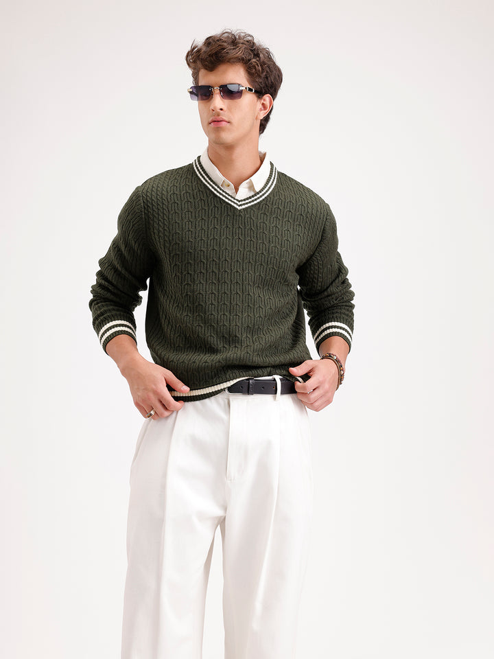 Classic Regular Fit Cable Knit Sweater  | Olive