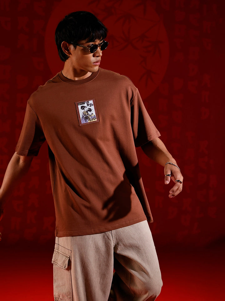 Men's Oversized Tee with Illustrated Patch Detail | Brown