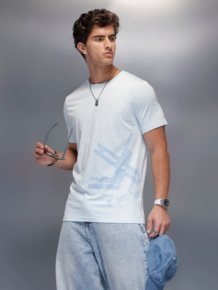 Solid Placement Printed T-Shirt   |  Light Blue