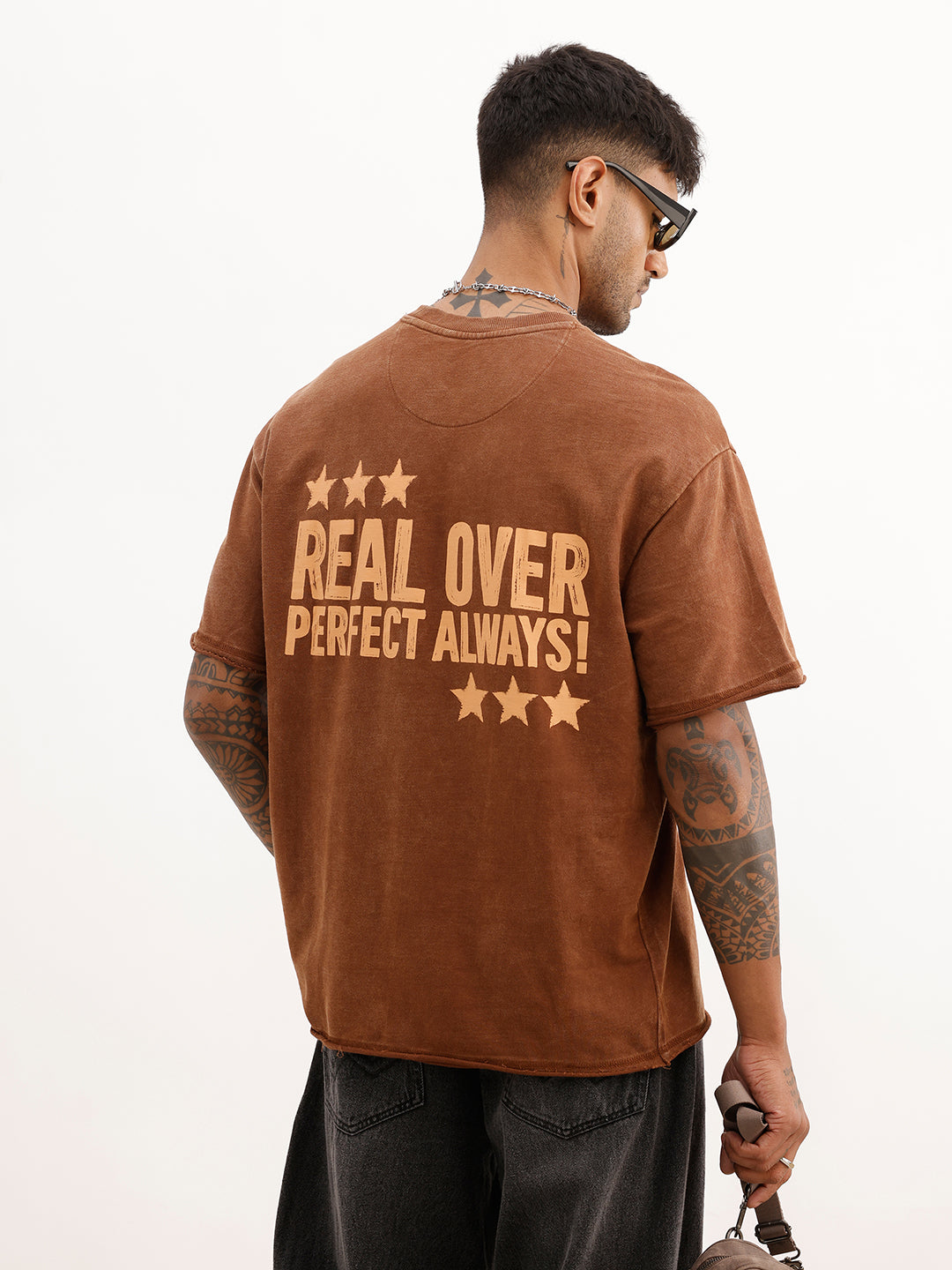Oversized Washed Back Printed T-Shirt | Brown | WTS02HSOS1077S