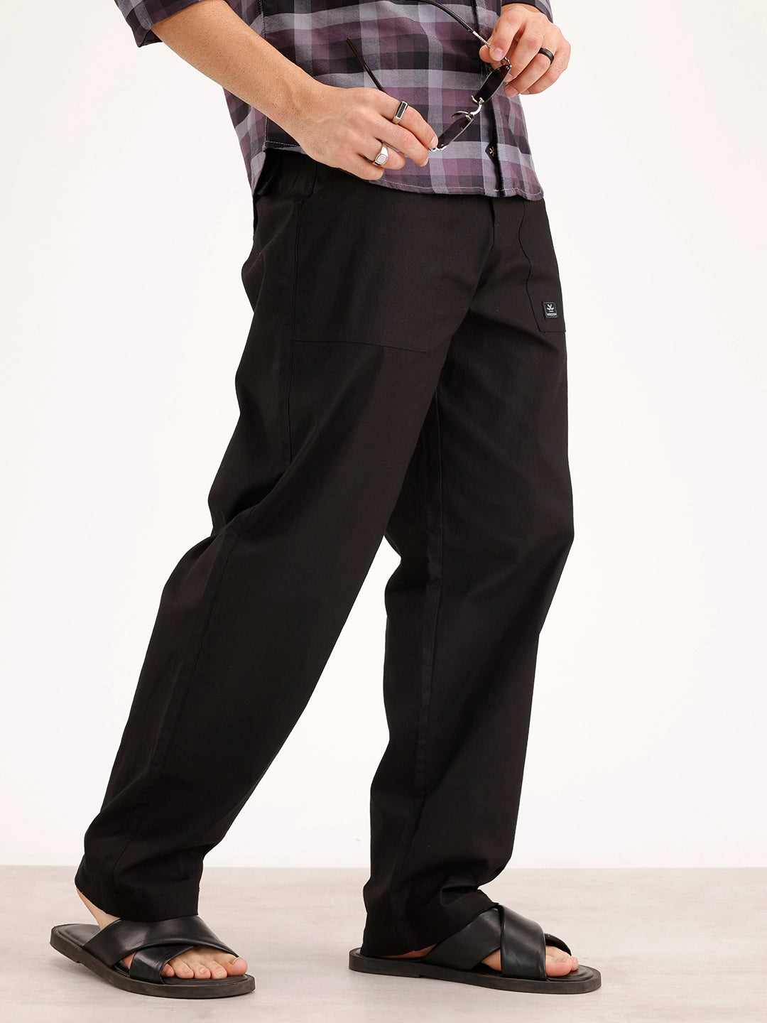 Solid Patch Denim Trousers | Black