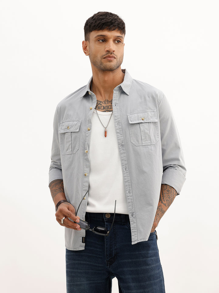 Solid Regular Fit Double Pocket Shirt | Grey