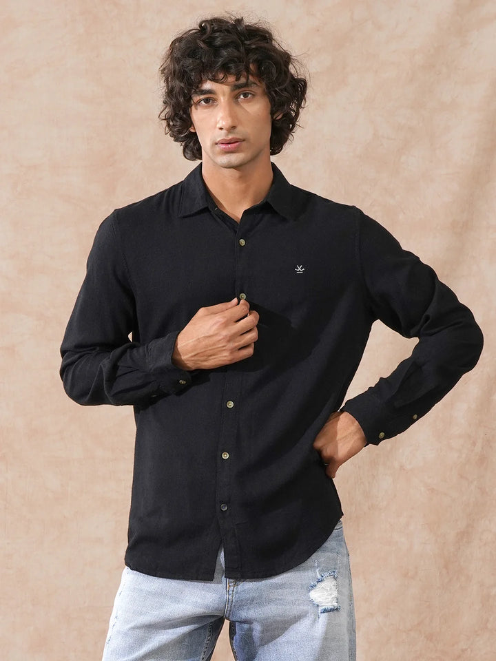 Linen Blend Slim Fit Shirt | Black