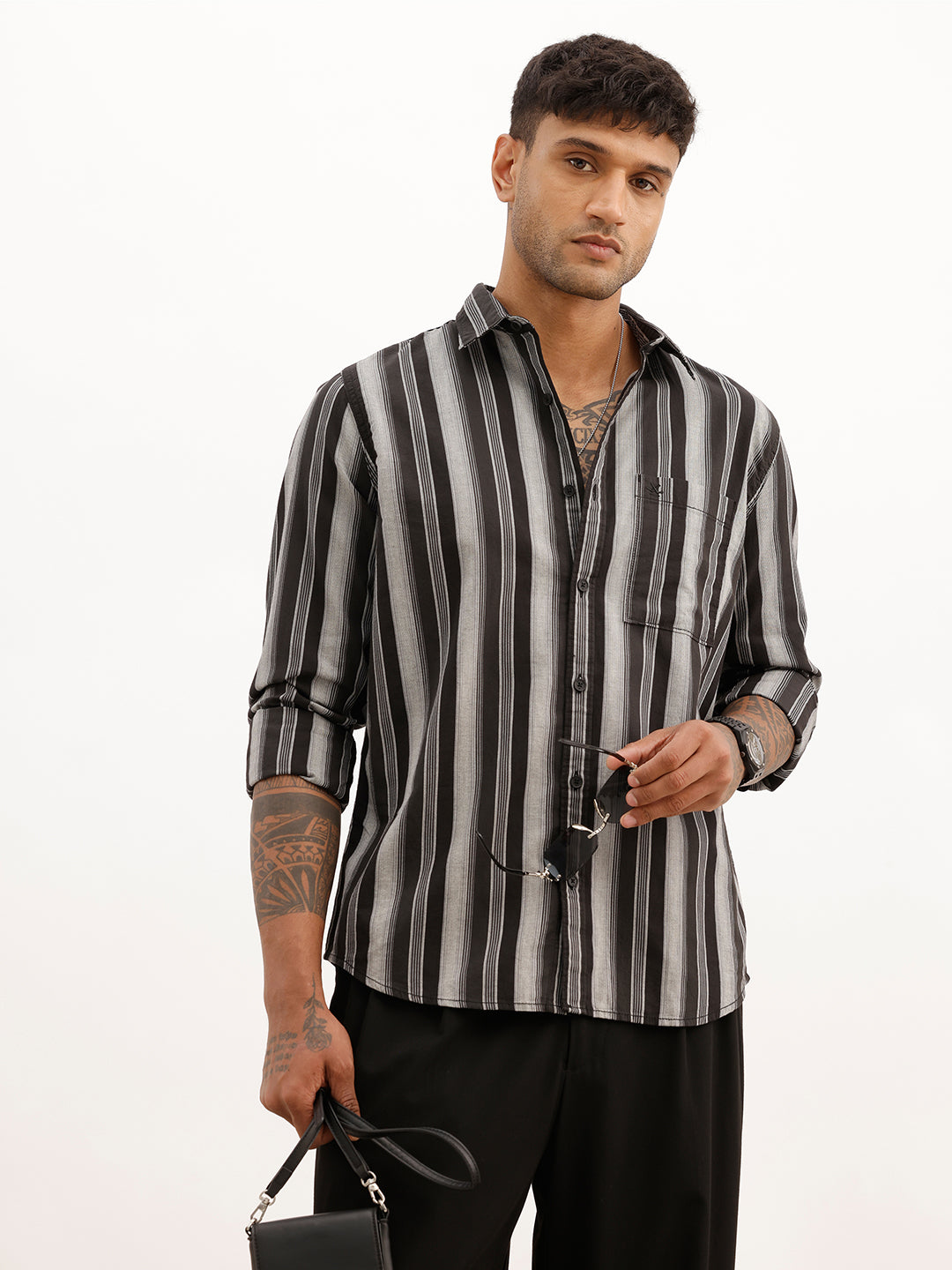 Slim Fit Striped Full Sleeve Shirt | Black