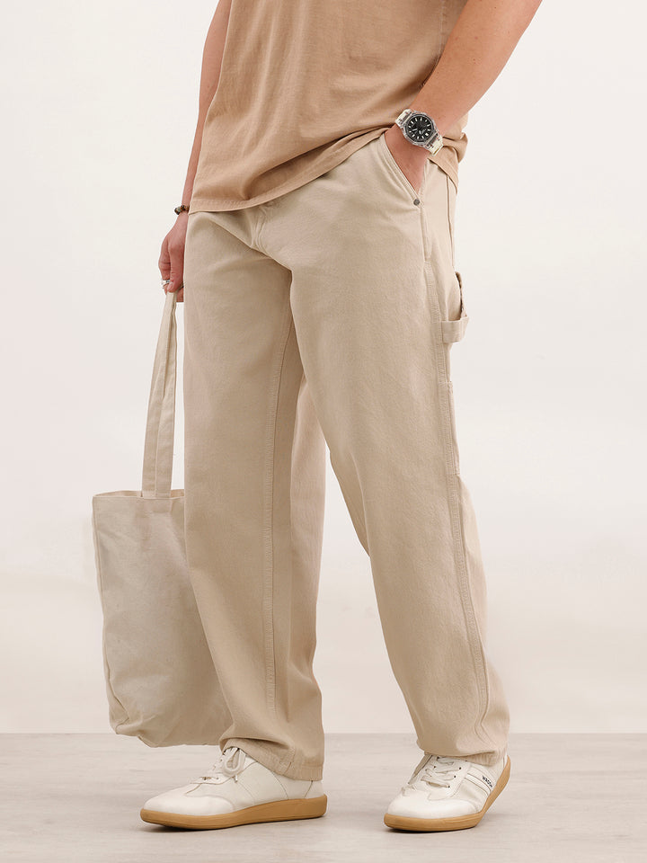 Loose Fit Cargo Denim Jeans  | Beige