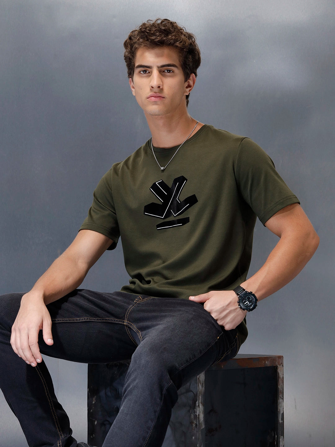 Men's Casual Wrogn Flock printed Tshirt  | Olive