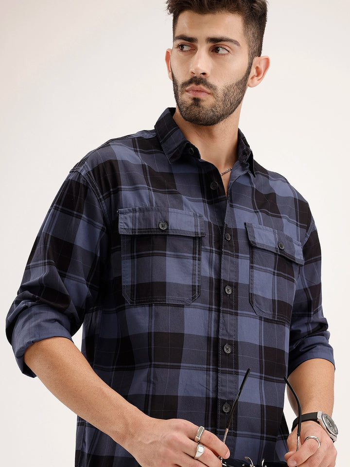 Oversized Checkered Double Pocket Shirt | Blue