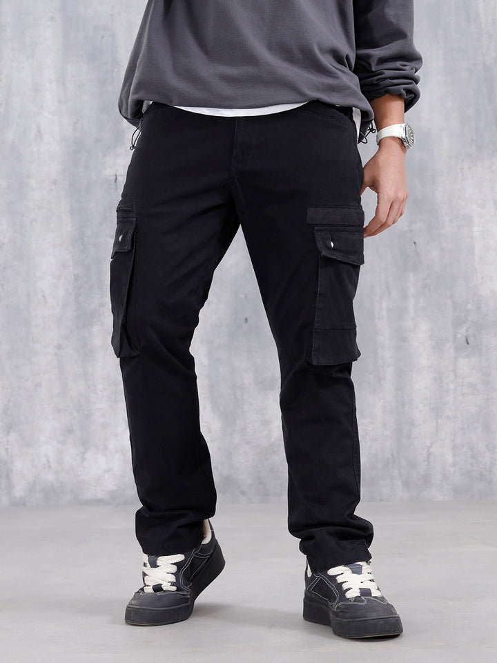 Straight Fit Cotton Twill Utility Trousers With Snap Pockets | Black