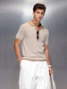 Textured knit polo tshirt with contrast collar | Khaki