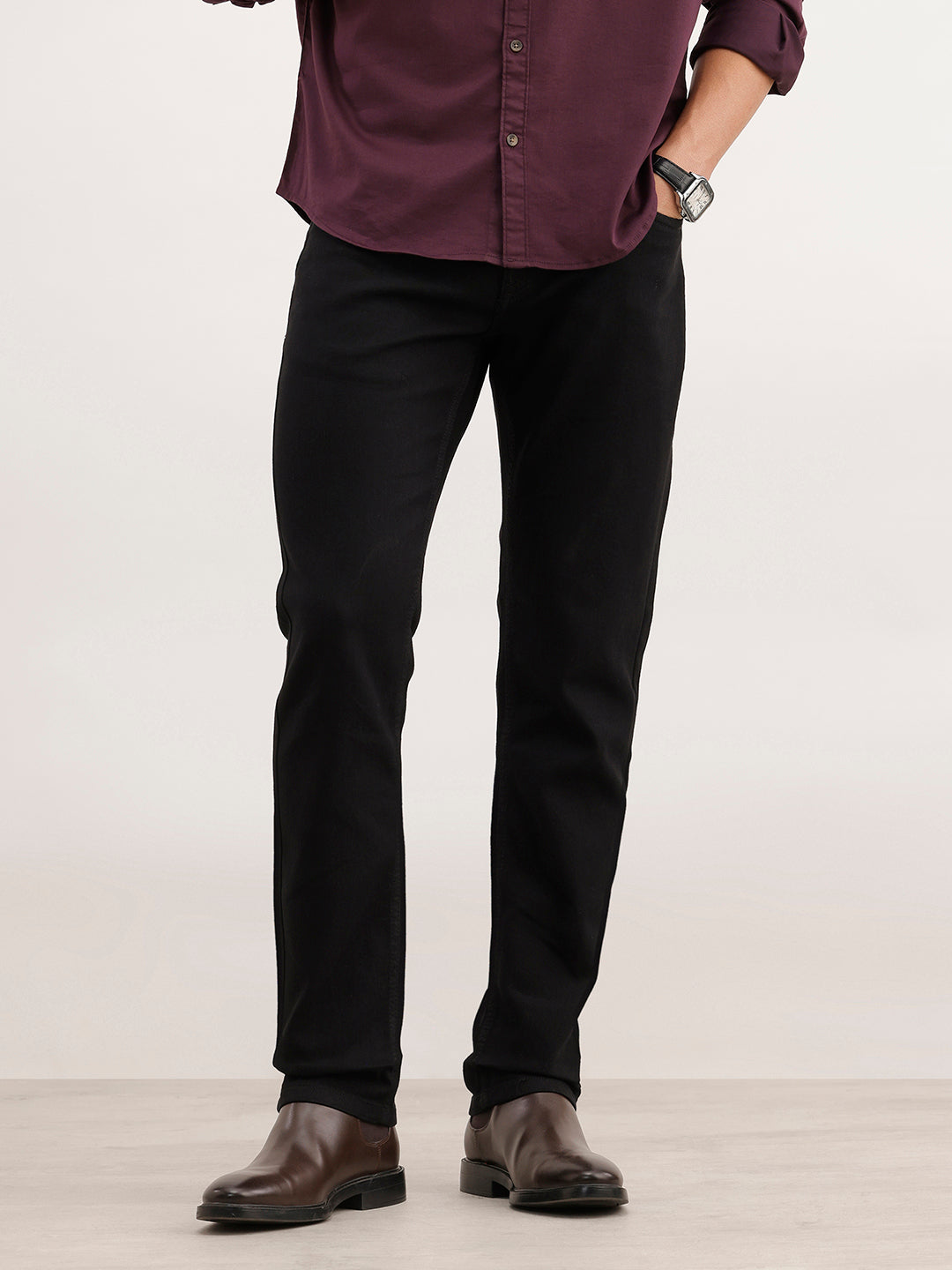 Slim Fit Solid Denim Jeans  | Black
