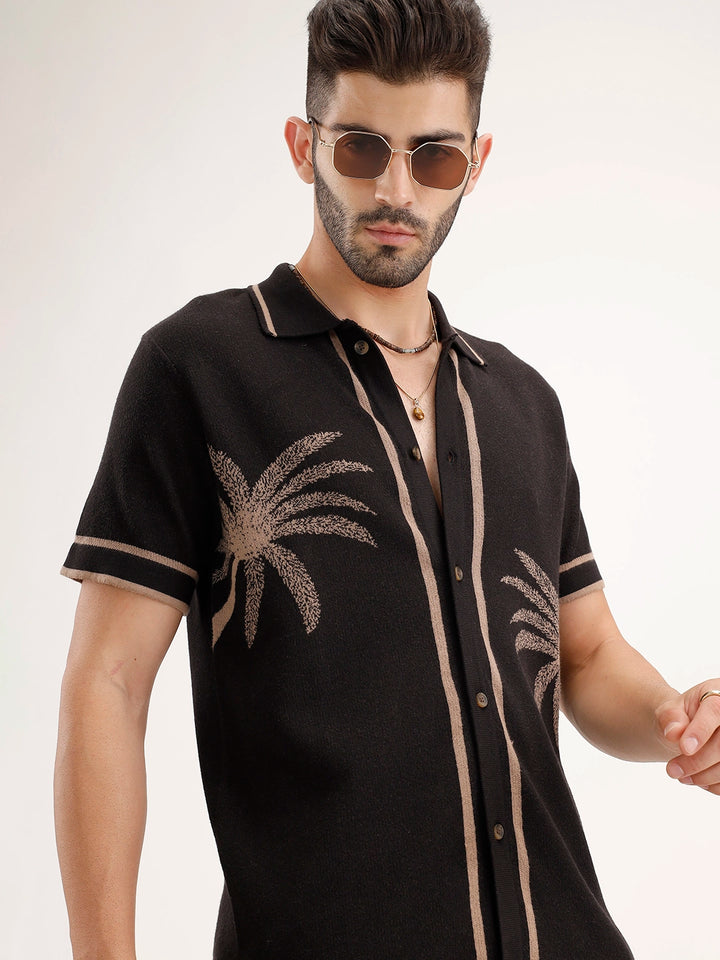Slim Fit Jacquard Resort Collar Shirt | Black