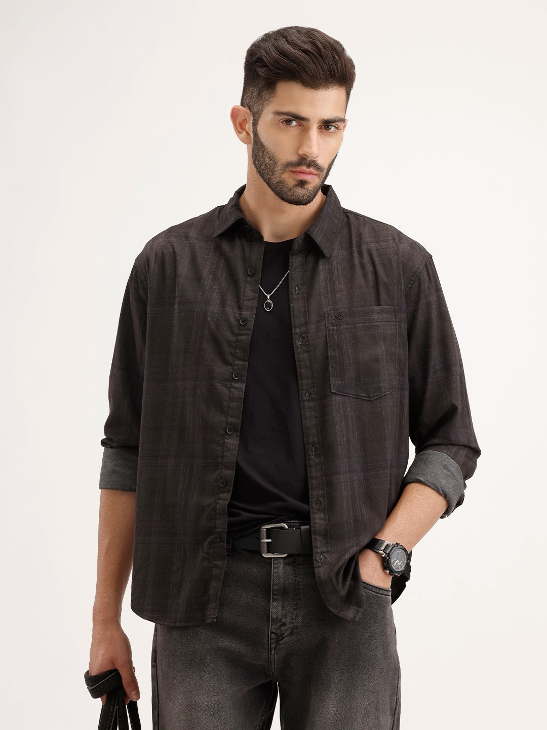 Comfort Fit Checekred Shirt | Black