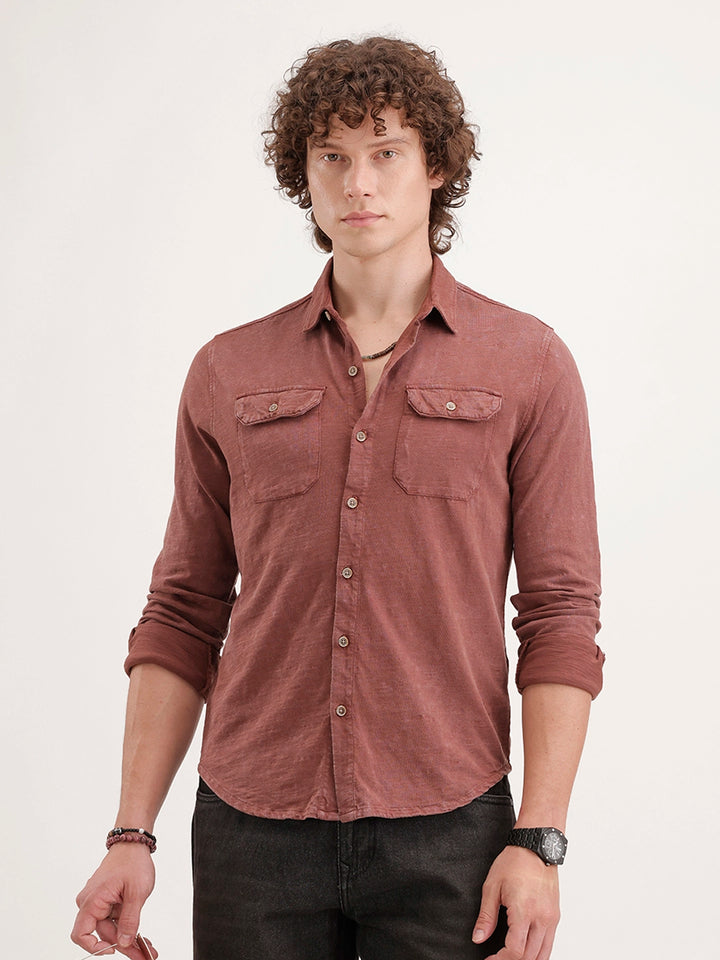 Solid Slim Fit Double Pocket Shirt | Rust