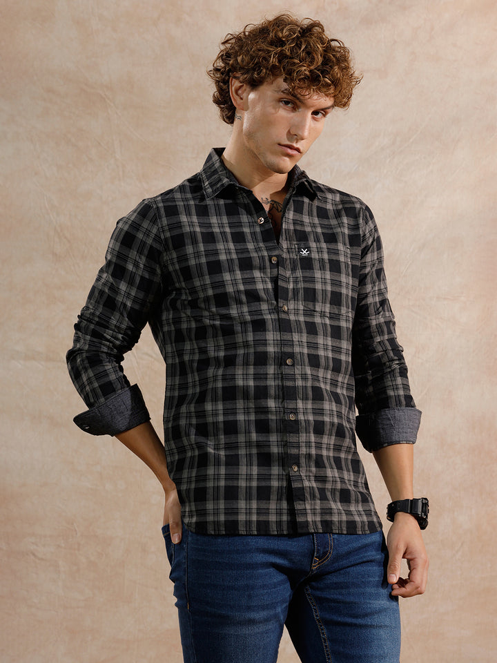 Tonal Checked Regular Fit Cotton Shirt | Black