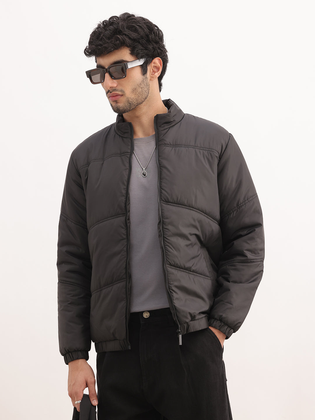 Solid Regular Fit Zipper Puffer Jacket | Black