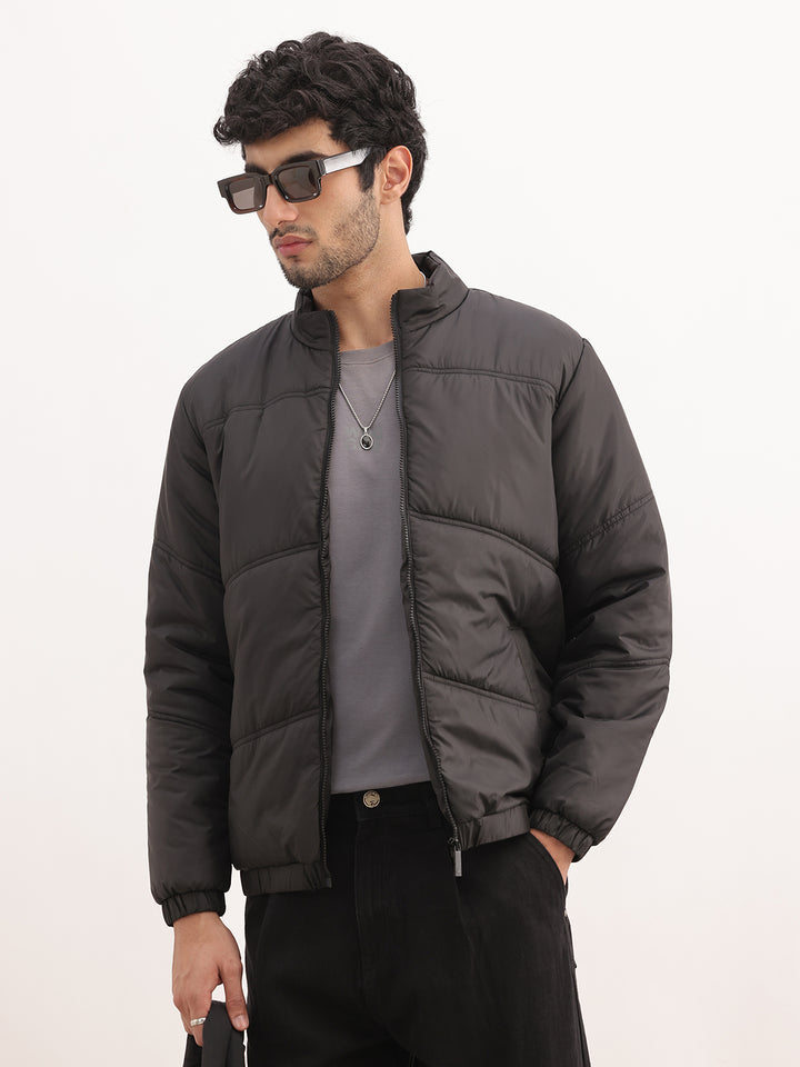 Solid Regular Fit Zipper Puffer Jacket | Black