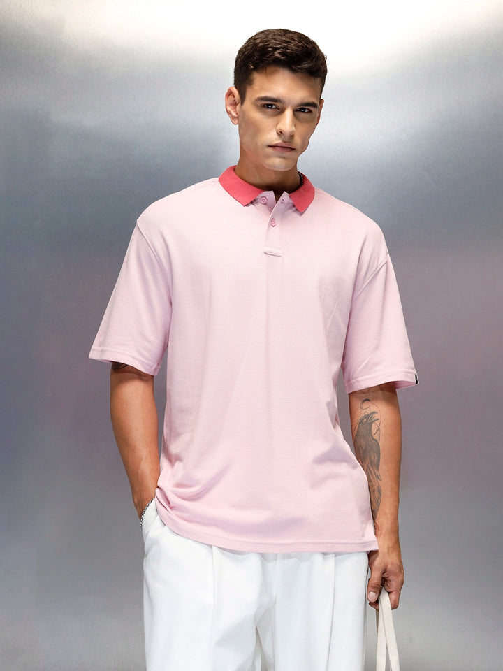 Men's Casual Oversized Fit Polo Collar T-Shirt | Pink