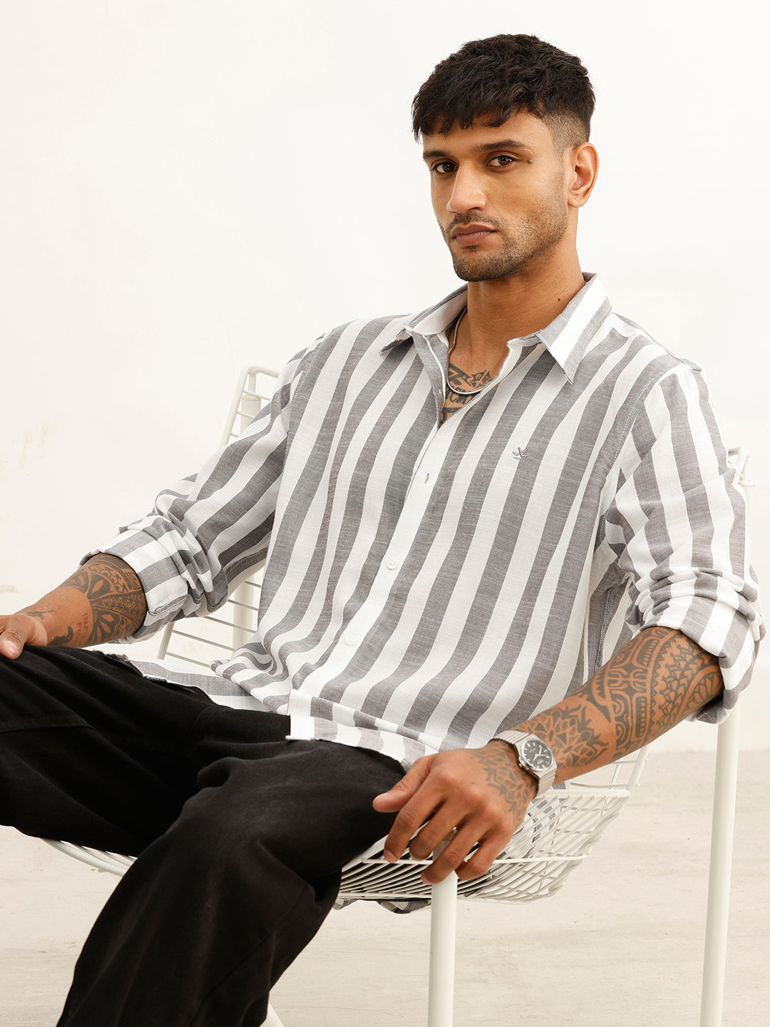 Slim Fit Full Sleeve Striped Shirt | Black