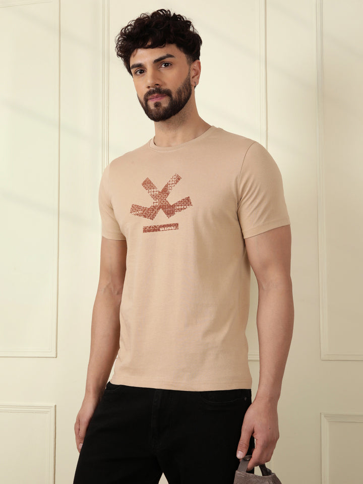 Flock Printed Slim Fit T-Shirt | Beige