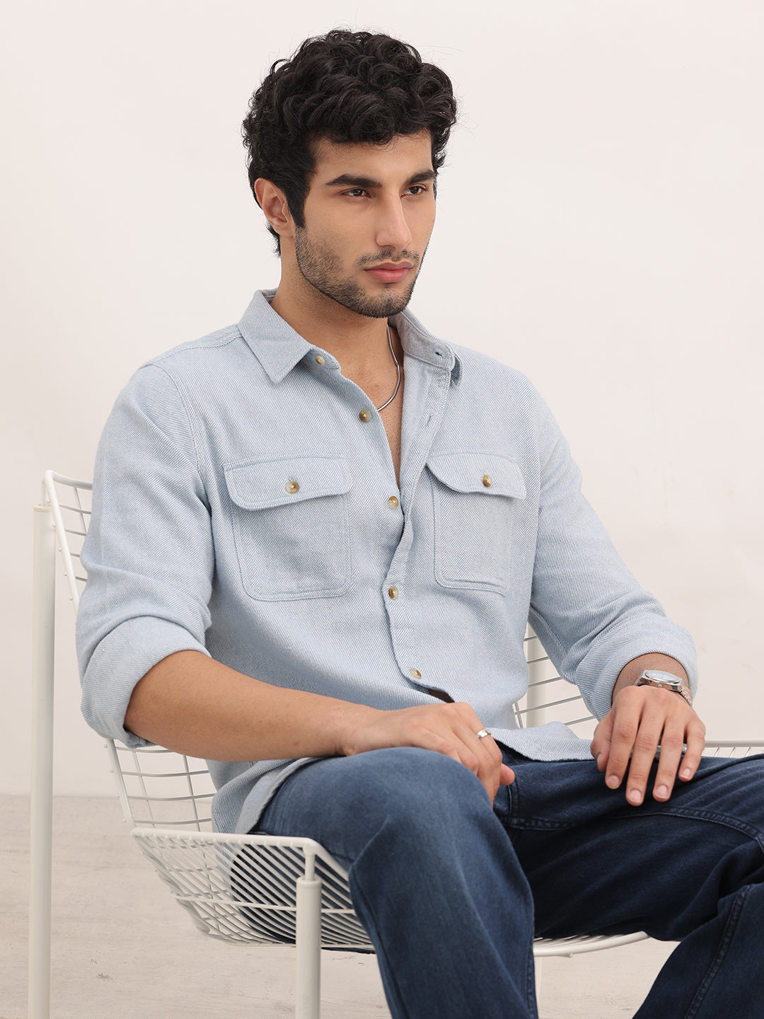 Slim Fit Solid Full Sleeve Shirt | Light Blue
