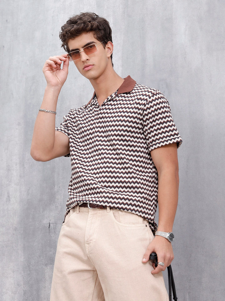 Comfort Fit Geometric Jacquard Polo | Brown