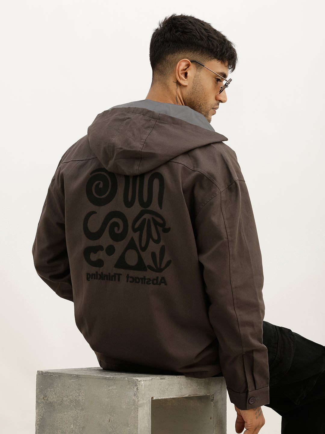 Oversized Embroidered Detail Hooded Jacket | Grey