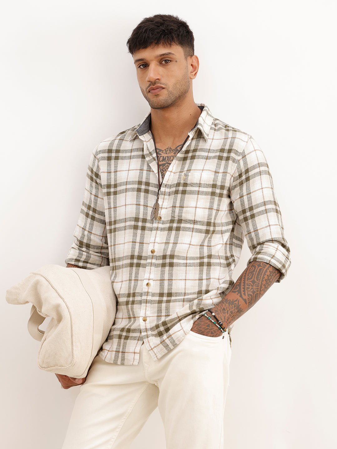 Slim Fit Checkered Full Sleeve Shirt | Olive