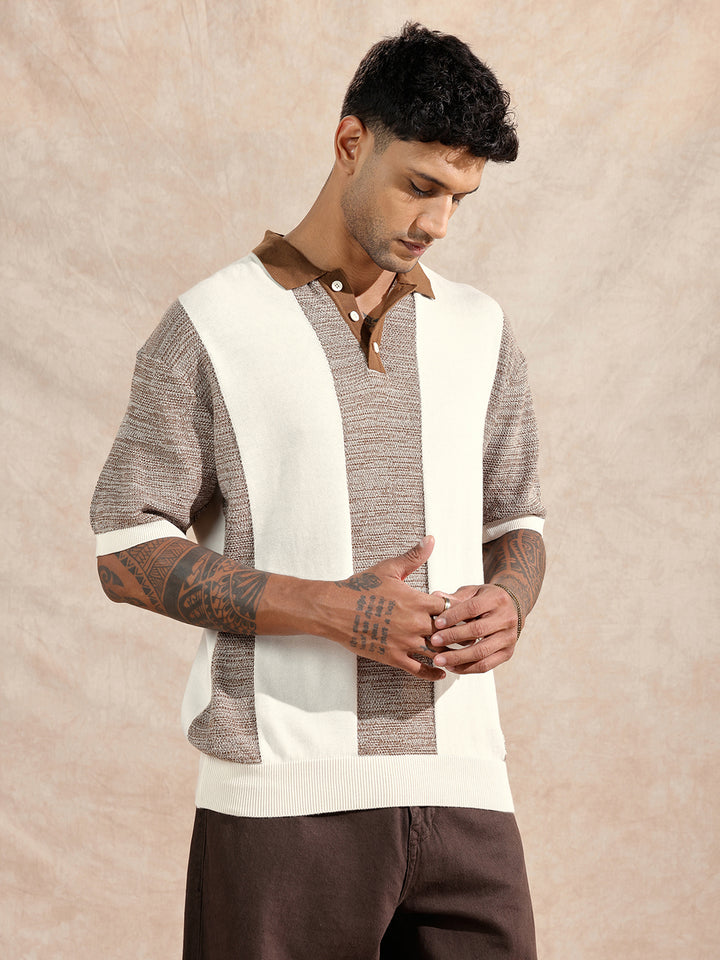 Textured Flat Knit Polo T-Shirt | Maroon & Beige