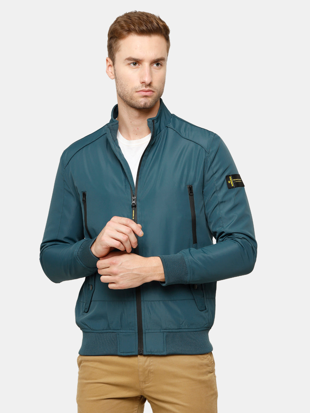 Teal Slim Fit Nylon Biker Jacket