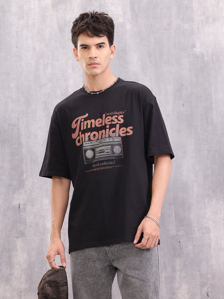 Retro Graphic Printed Oversized Fit Tshirt | Black