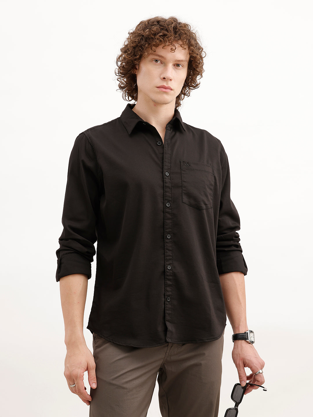 Solid Regular Fit Full Sleeve Shirt | Black