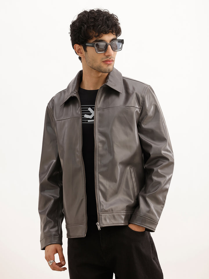Solid Slim Fit Zipper Jacket | Charcoal