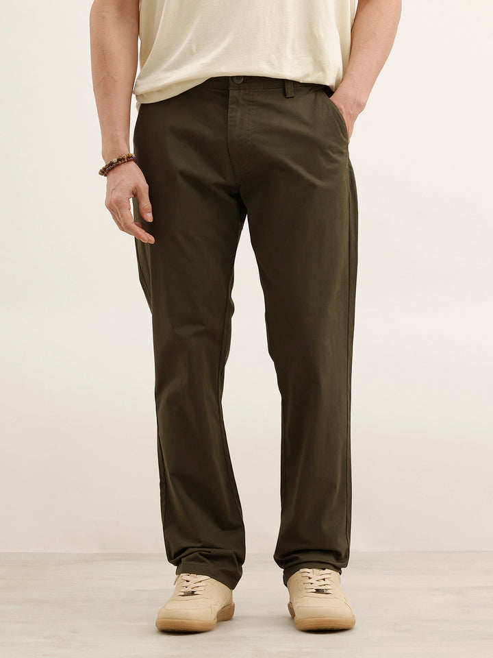 Straight Fit Solid Trouser | Olive