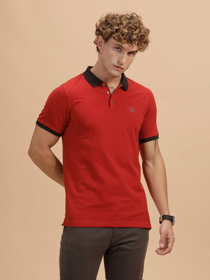 Contrast Collar Slim Fit Polo T-Shirt | Red